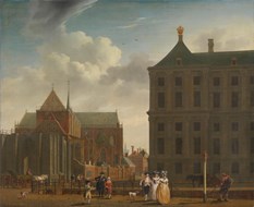 Isaac Ouwater (1748 – 1794), De Nieuwe Kerk en het stadhuis op de Dam, ca. 1785
